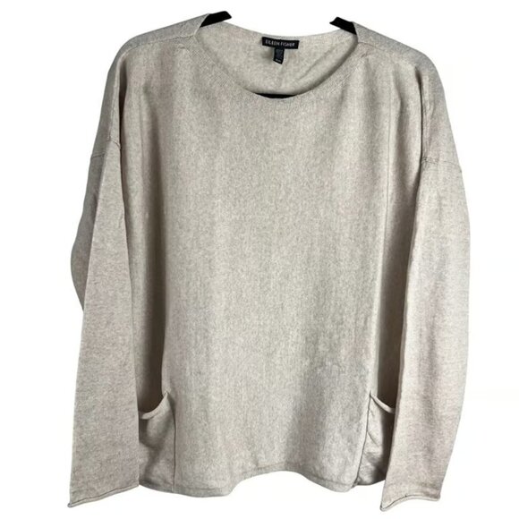 Eileen Fisher Merino Wool Sweater Womens M Beige Long Sleeve Pockets *Repaired* - Picture 1 of 4